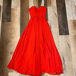 Red Formal Dress; Custom Hand Sewn, Beaded Straps